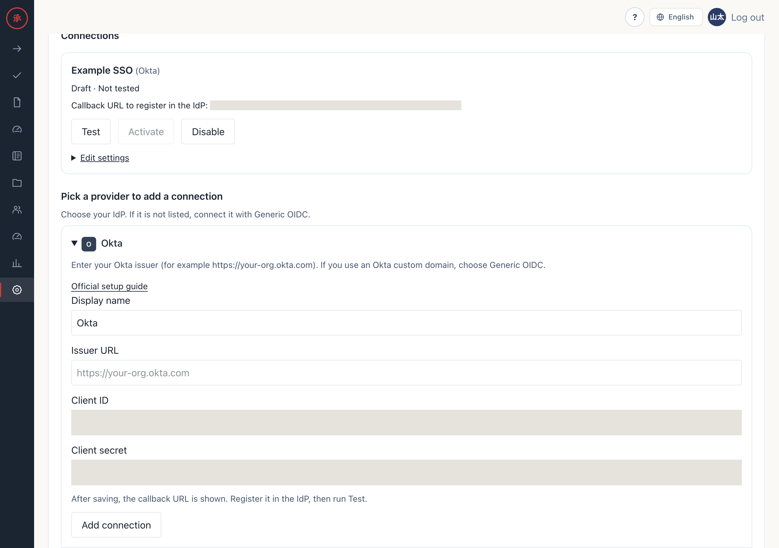 Connection form (Okta example)